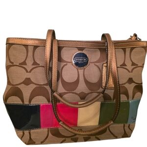 Coach Signature Stripe Tote Bag & Matching Wristlet Set Canvas Leather